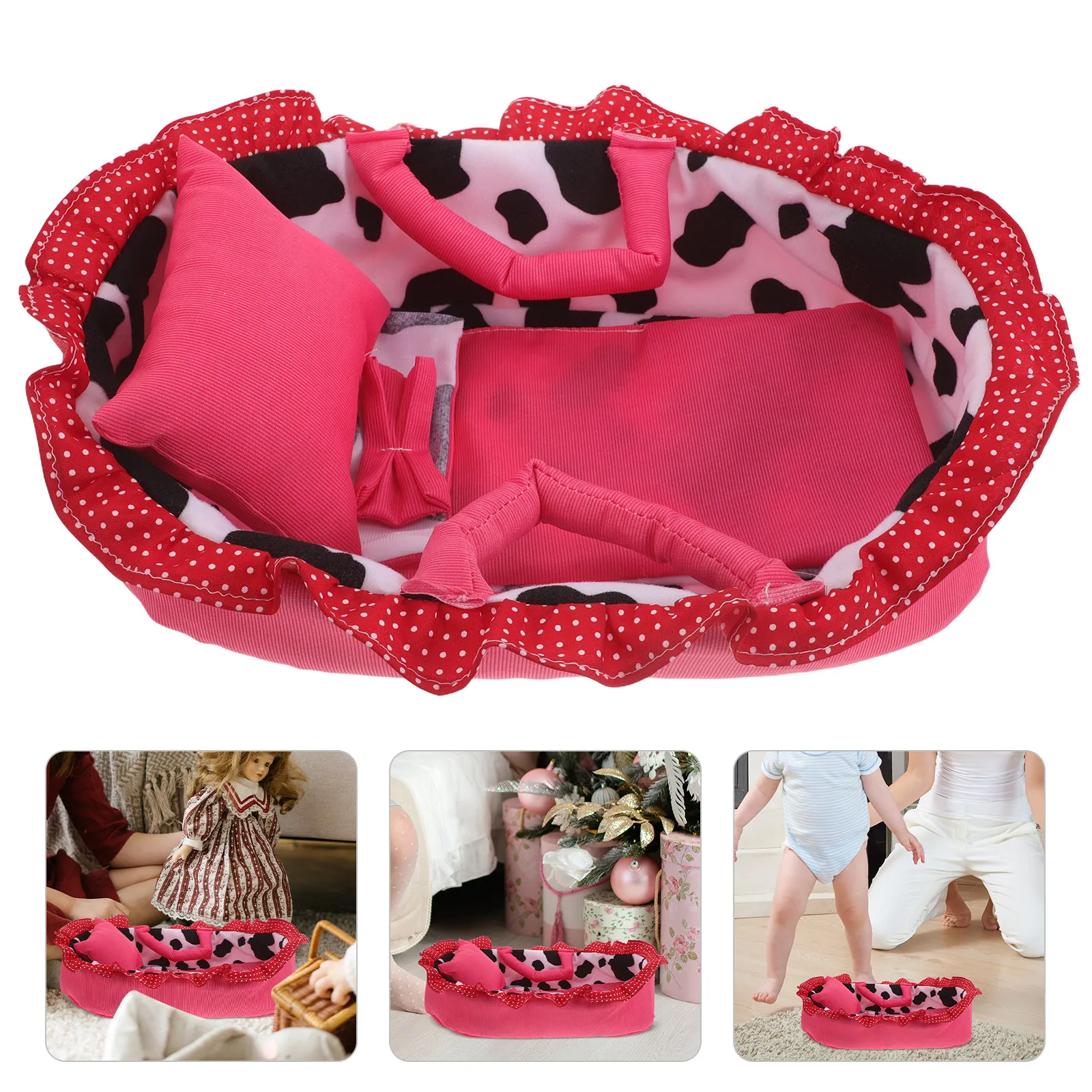 

Baby Bassinet Carrier Portable Miniature Furniture Bed Handle for 35Cm Indoor Outdoor Play Dollhouse Accessories Rosy
