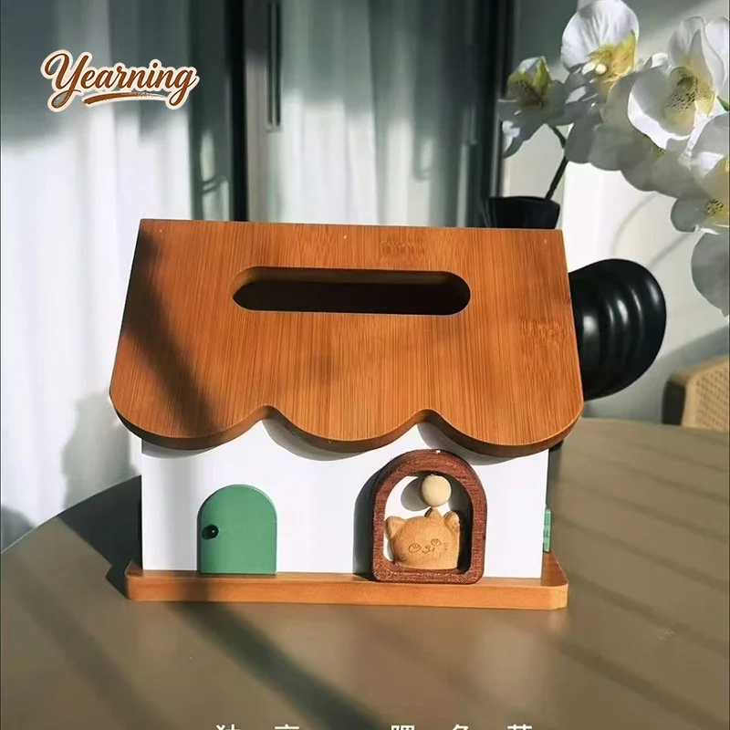 

Creative Wooden Cute House Tissue Box Napkin Holder Toothpick Floss Storage Home Decor Gift