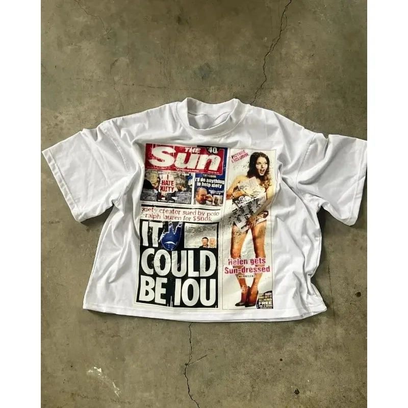 Harajuku American Newspaper Graphic T Shirts Y2k Tops Oversized T Shirt Couple Pro Choice Gothic Streetwear Vintage