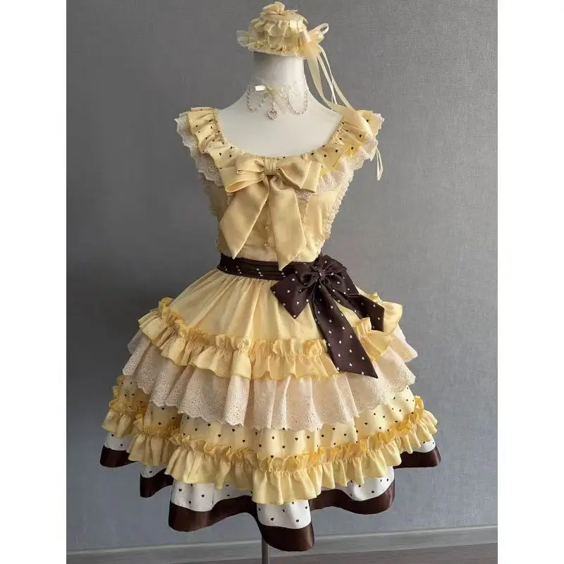 

Японское платье в стиле кавай-лолита для женщин, милое, с рюшами, в горошек, с бантом, без рукавов, в стиле принцессы, мини-платье Y2K для чаепития