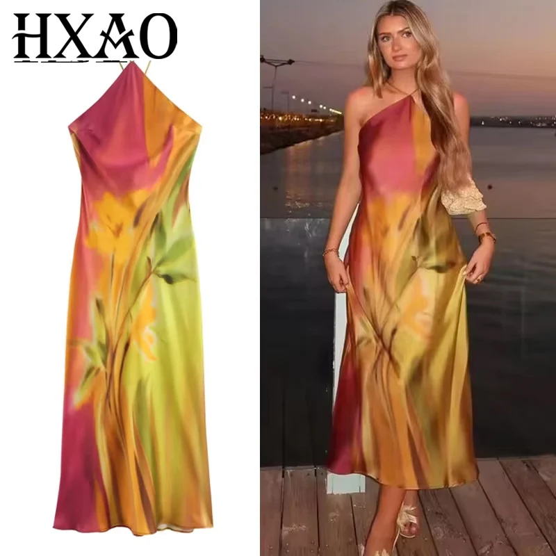 Sukienki damskie HXAO 2024 z nadrukiem, sukienki midi na ramiączkach, letnie sukienki tie-dye, długie sukienki damskie, seksowne sukienki satynowe bez pleców na wakacje