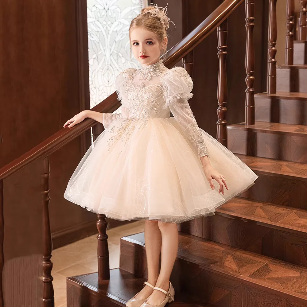 白いフラワーガールドレス ビーズ付きプリンセス長袖幼児子供結婚式1歳の誕生日ページェントパーティードレスJ437