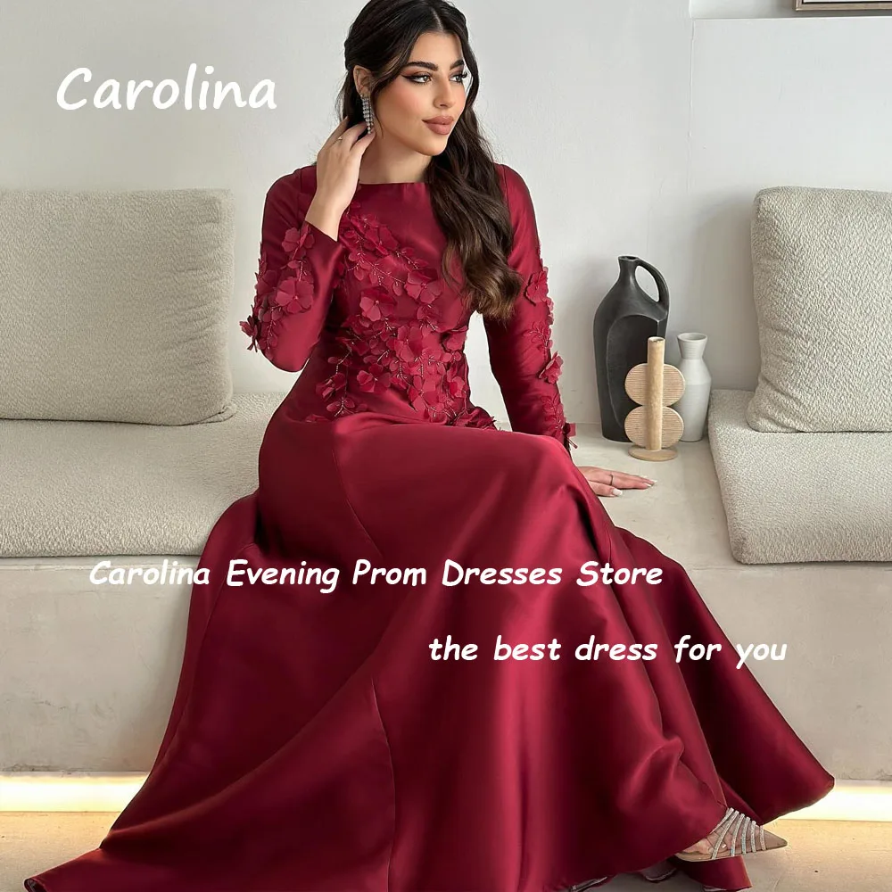 Carolina Wine Red Simple O-Neck Appliques A-LINE Formal Evening Dress Saudi Arabia 2024 Slim Long Satin Floor-Length Prom Dress