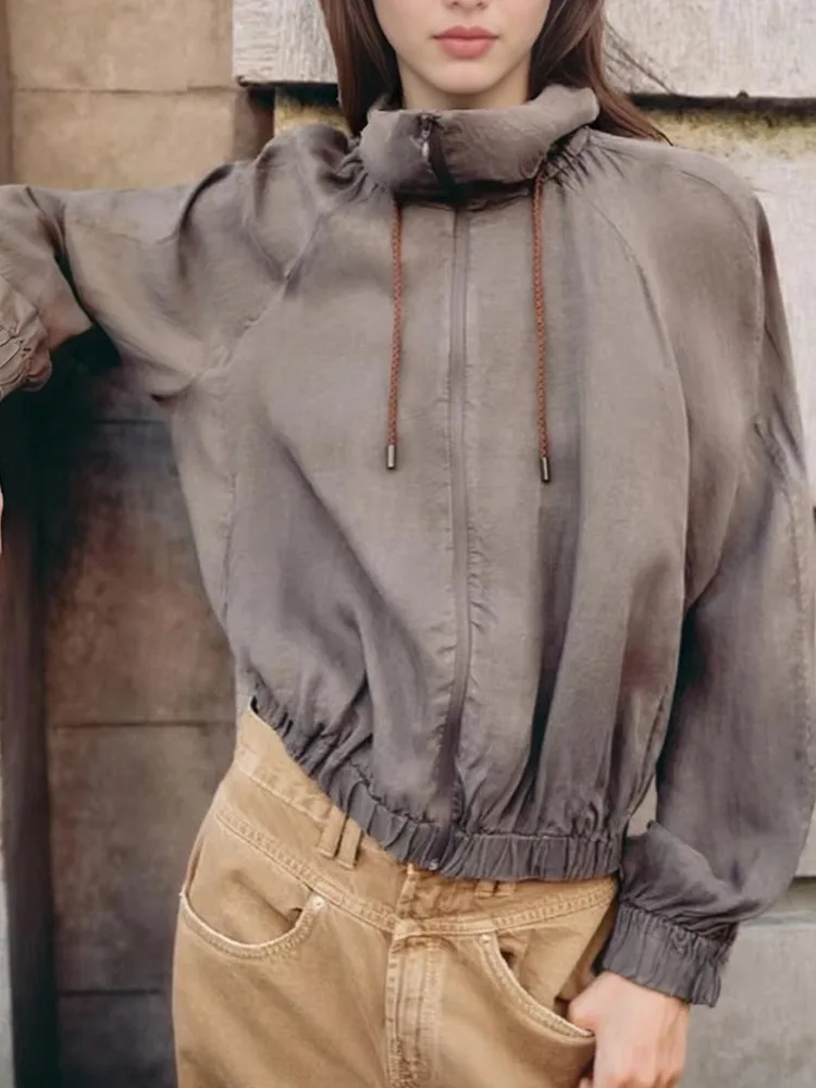 

Повседневное серое пальто, женское модное короткое пальто на молнии с длинным рукавом, свободный воротник-стойка, короткая куртка на шнурке, новинка 2025 года, осенняя офисная женская верхняя одежда