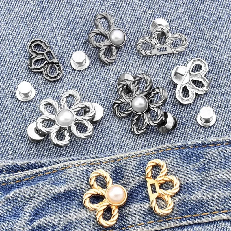 1/2/3Pairs Reusable Flower Waist Metal Button Snap Fastener Pants Pin Waist Change Buckles For Jeans Fit Reduce Waist