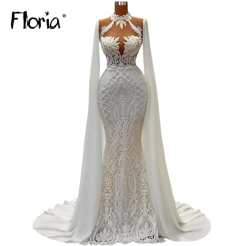 Haute Couture Kralen Kanten Bruidsjurken Parels Zeemeermin Lange Formele Feestjurk Vrouwen Bruidsjurken Vestido De Novia Cape Mouw