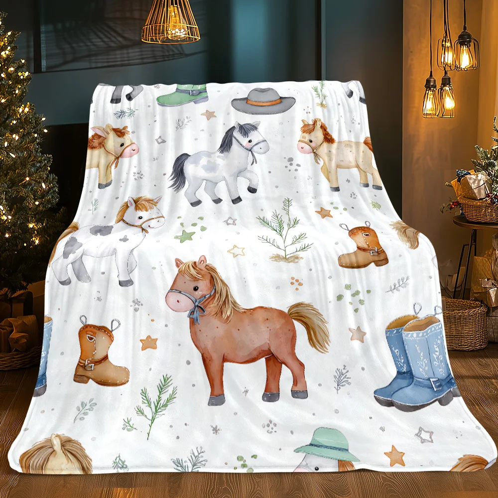 Western Horses Boots Cozy Throw Blanket, Vintage Equestrian Patterned Couch Bed Warm Wrap, All Season Travel Decor Gift