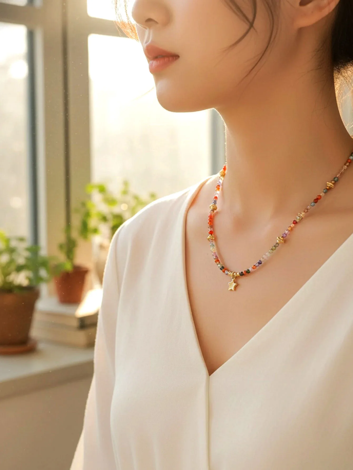 

2025New handmade sweet semi-gem combination small star pendant women's necklace can be worn at the banquet