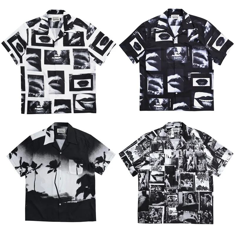 

Coconut Tree Lip Print On Moriyama Avenue, Hawaiian High Street Style Short Sleeved Synthetic Silk Shirt For Men
