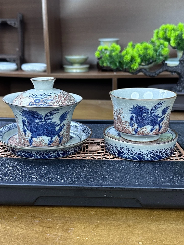 

Jingdezhen Old Clay Horseshoe KIRIN Walking in the Waves Tureen Ceramic Sancai Retro Cup Set Gift Box