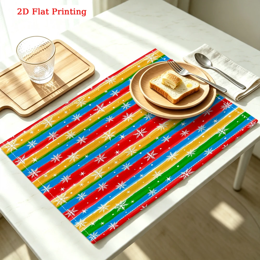 Colorful Stripes With White Snowflakes Kitchen Placemat Coaster Linen Pad Dish Coffee Cup Table Mat 30x40cm Home Decor