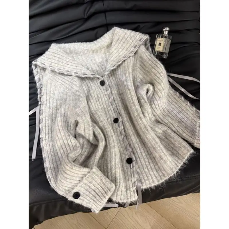 

Deeptown Gray Sweet Vintage Women Knit Cardigan Black Elegant Long Sleeve Sailor Collar Korean Fashion Sweaters Oversized Casual