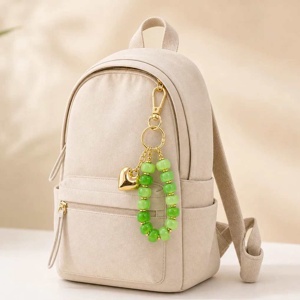 Bohomian Acrylic Beaded Bag Charm Keychain Flat Round Beads Wristlet Strap with Golden Heart Pendant Cute Handbag Accessory