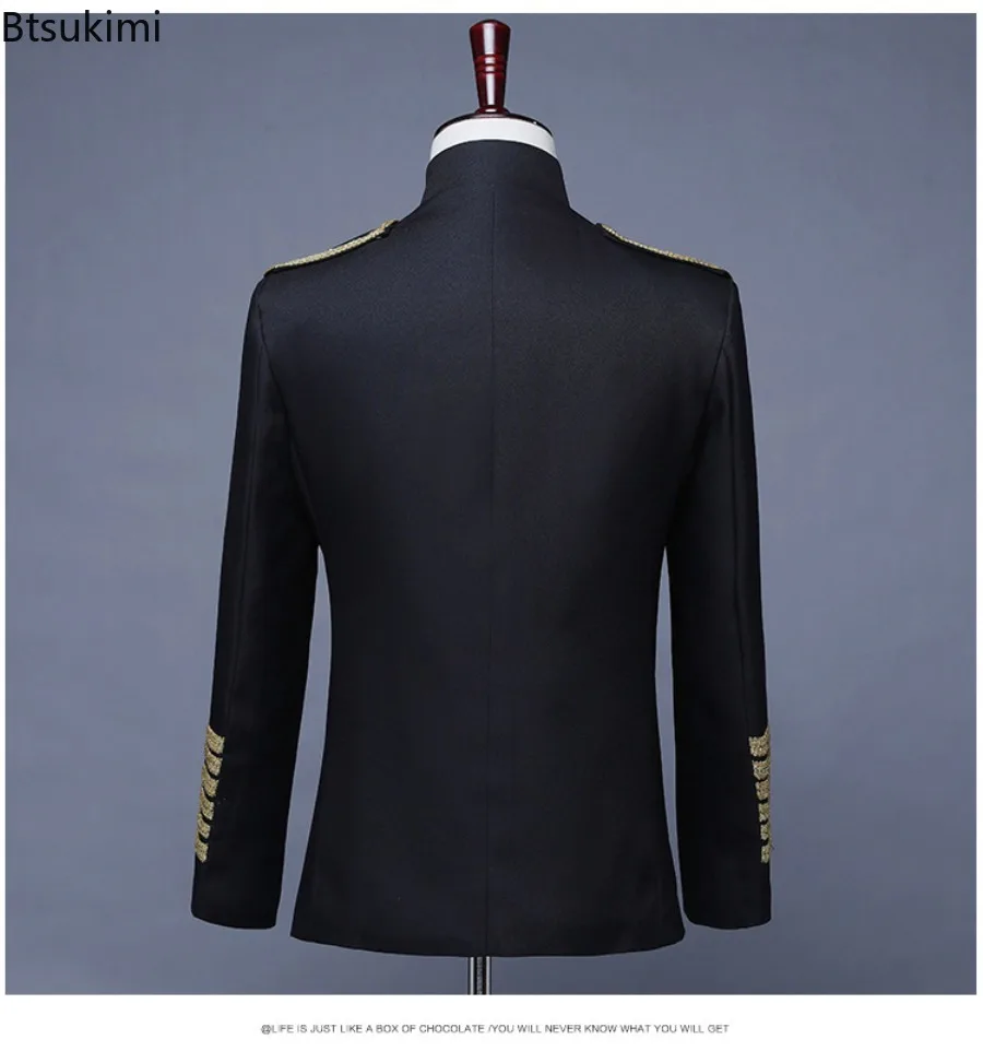 Fashion Men's Dress Suit Bar Nightclub DJ Steampunk Jackets Metal Chain Stand Collar Slim Coats Singer Stage Performance Clothes