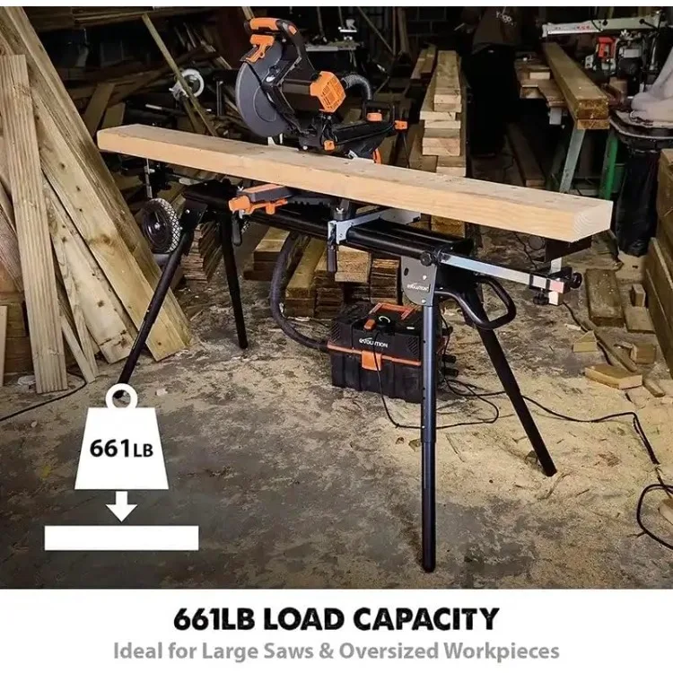 Power Tools Miter Saw Stand PLUS - Compact Folding Stand with Extendable Arms, Large Wheels, Universal Fittings