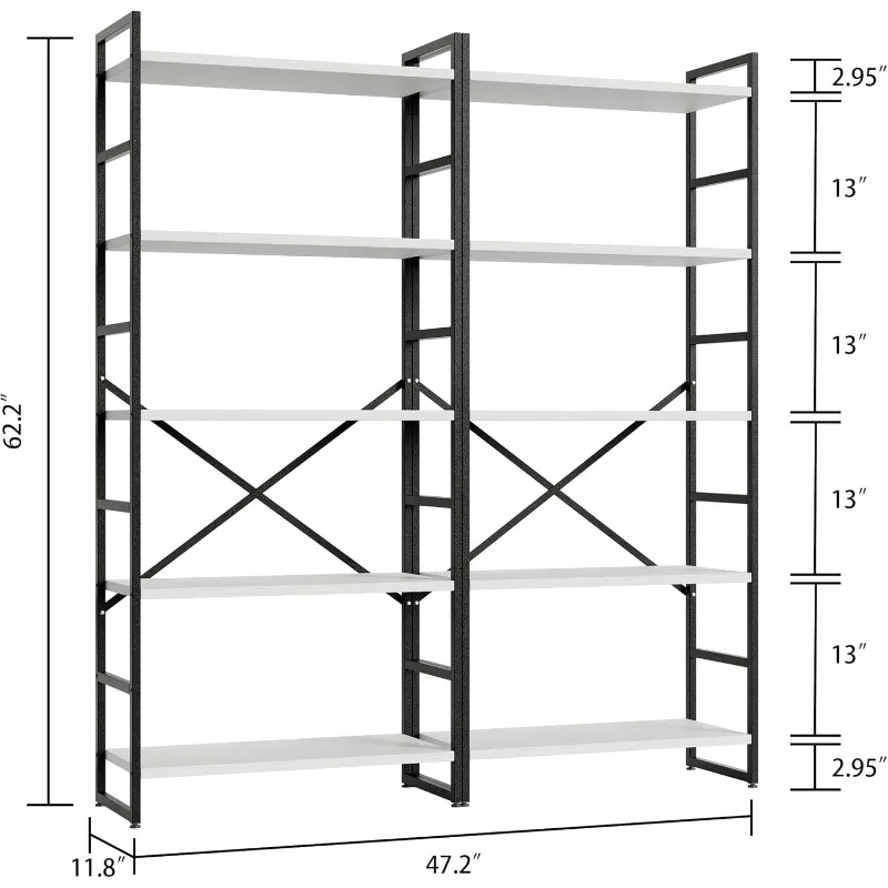 2 Pieces 5 Tiers Bookshelf, Classically Tall Bookcase Shelf, Industrial Book Rack, Modern Book Holder in Bedroom/Living Room