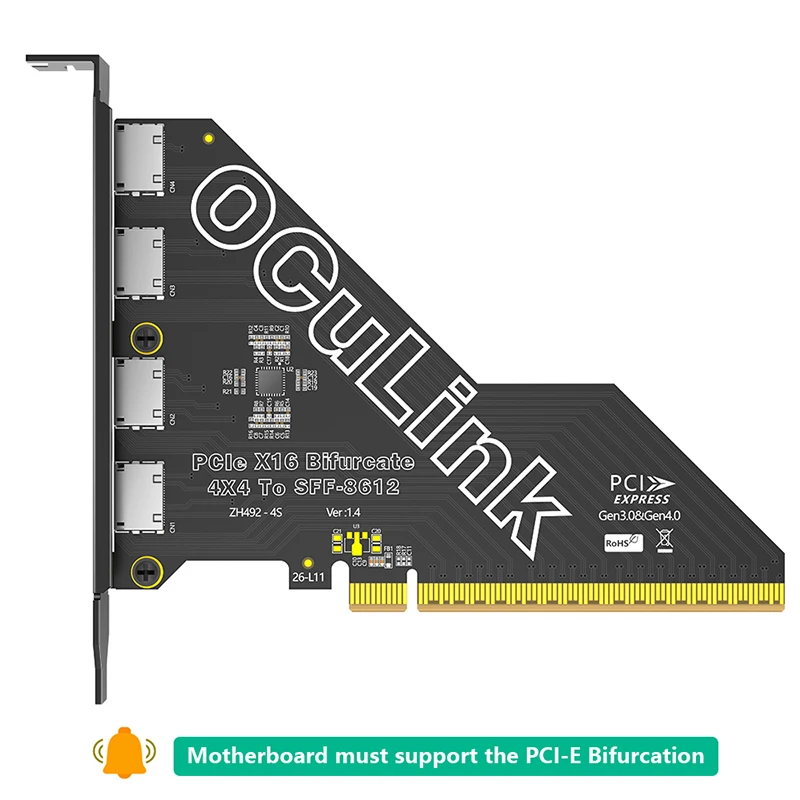 PCI‑E X16 Gen4 To 4Port SFF‑8612 OCuLink Bifurcation Card Riser PCIe X16 To Quad SFF8612 OCuLink Converter For Desktop Server PC