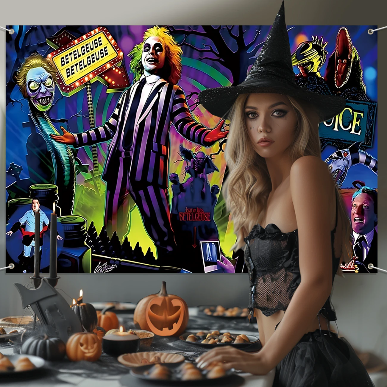 Beetlejuice Party Decoration Scary Creepy Halloween Photo Backdrop Classic Movie Role Beetlejuice Banner Horror Party Decoration