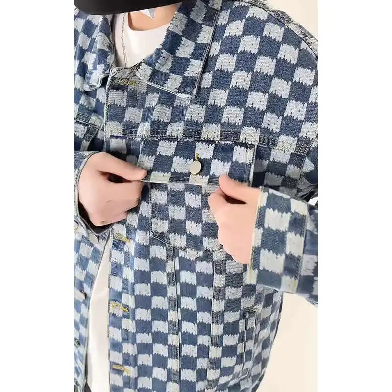 Spring Black Plaid Denim Jacket Men Retro Pocket Denim Jackets Men Streetwear Hip-hop Loose Bomber Jacket Mens Cowboy Coat