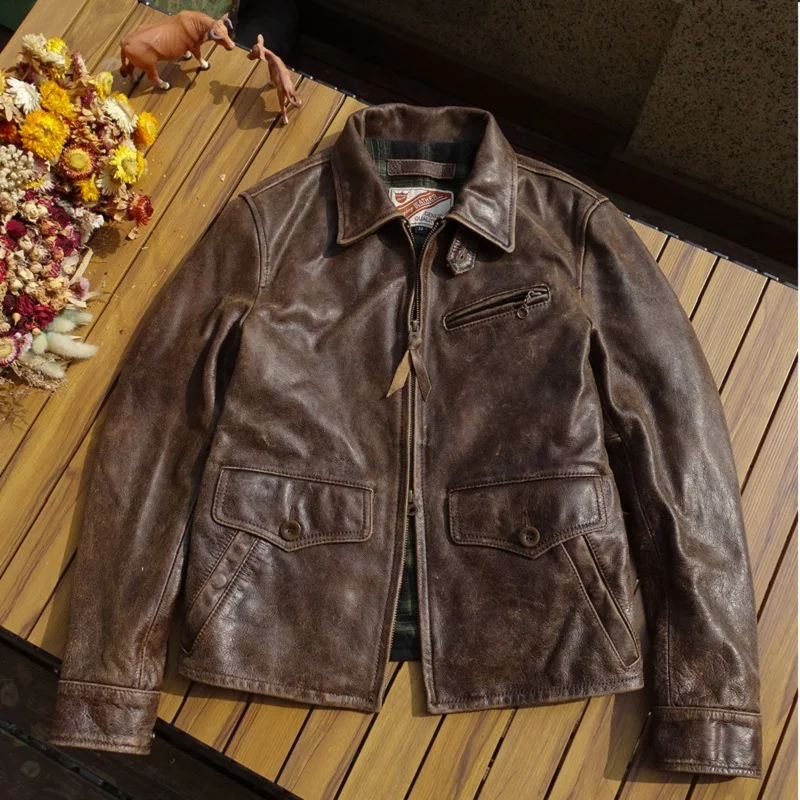 

Free shipping.Men Frosted tea core cowhide coat.collect Vintage brown real leather outwear.slim soft fitness leather jacket