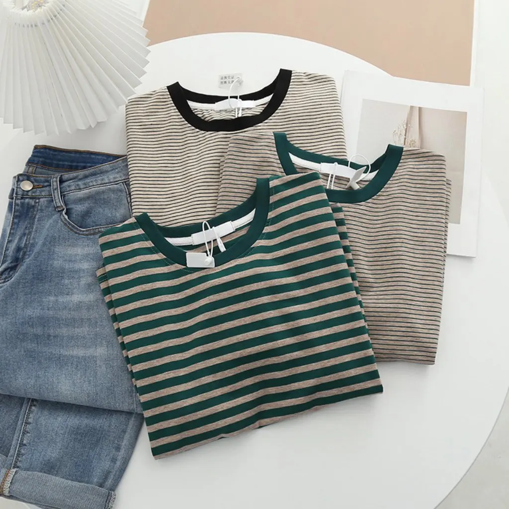 

Женская полосатая футболка с цветными блоками и короткими рукавами из чистого хлопка, свободный крой, летний топ Ins Trbottomy, оптовая продажа