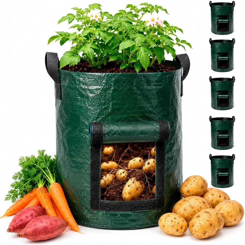 Potato Grow Bags 5 Pack - 10 Gallon Planter with Window, Heavy Duty Garden Grow Bags for Growing Potatoes, Vegetables & Root Cro