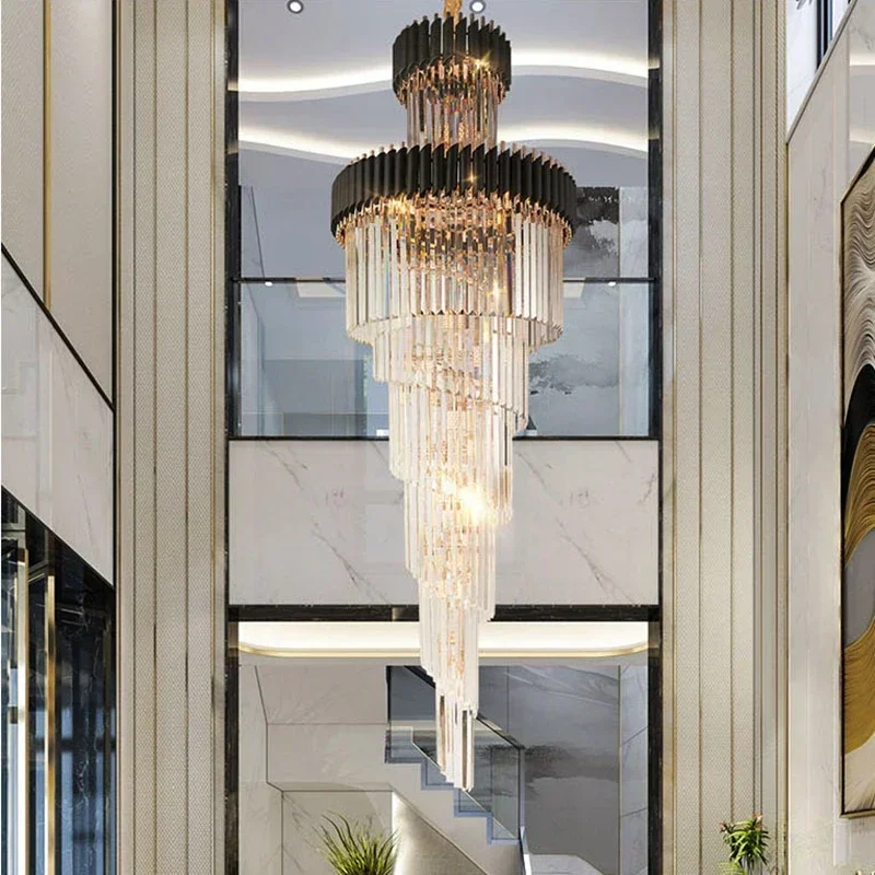 

Modern Long Spiral Large Big Stair Chandeliers Lighting Luxury Crystal LED Pendant Lamp High Ceilings Fixture for Staircase