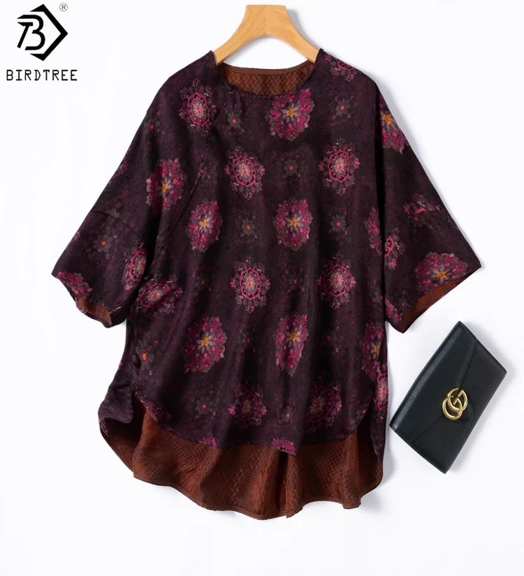 

Birdtree Летняя рубашка из 100% шелка с принтом, женская свободная блузка с круглым вырезом и рукавами долема, фиолетовая свободная блузка, новинка 2025 года T57328JF