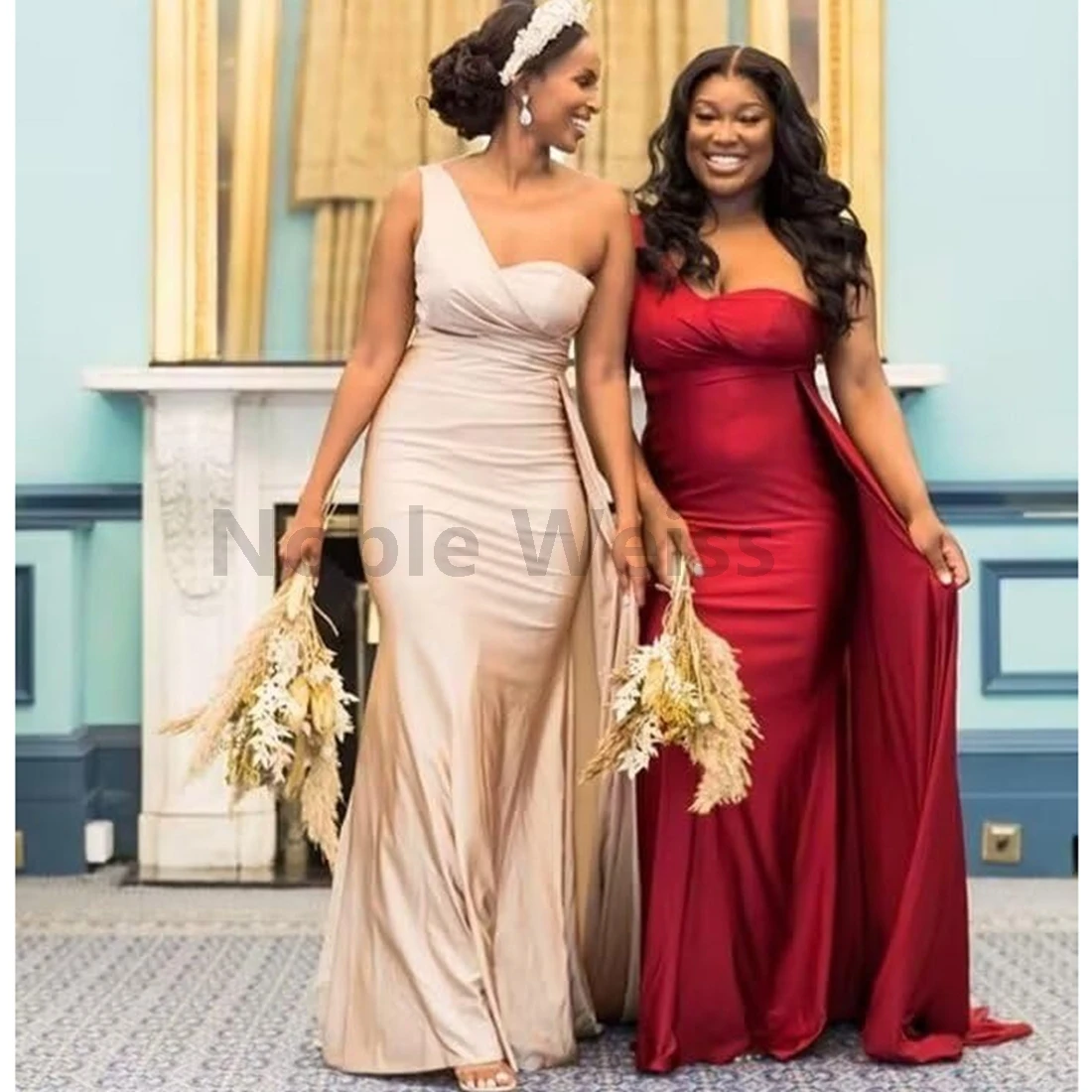 Elegant One Shoulder Bridesmaid Dresses Mermaid Satin Long Trumpet Formal Evening Gowns Customize