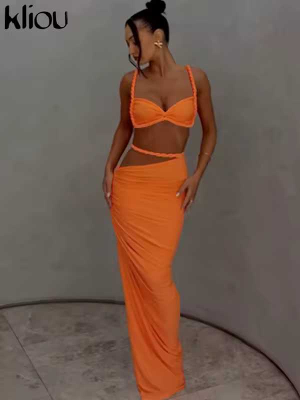 kliou Woven Sexy Women 2 Piece Set Stunning Hot Solid Pleated Crop Camisoles+High Waist Maxi Skirts Female Trend Vacation Outfit - Image 3