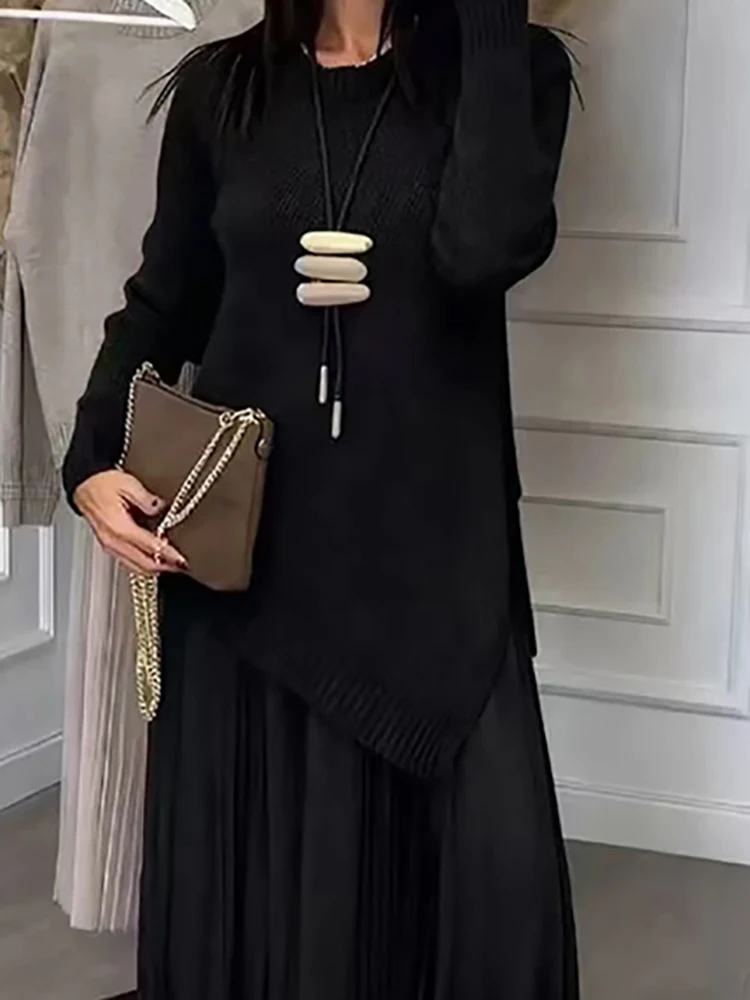 

Повседневный однотонный свободный костюм для поездок на работу, элегантный сетчатый жилет, платье, наряд, женский свитер с круглым вырезом и длинными рукавами, комплект из 2 предметов