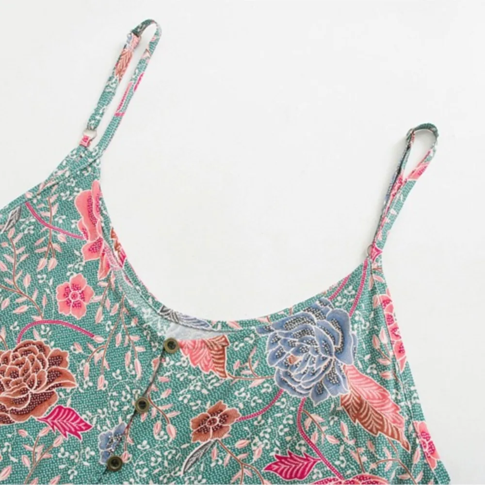 Đời Green BOHO Mở Nút Cổ V Camellia In Hoa Sling Đầm Ngày Lễ Thắt Nơ Tất Xẻ Tà Dài Spaghetti Dây Áo mùa Hè