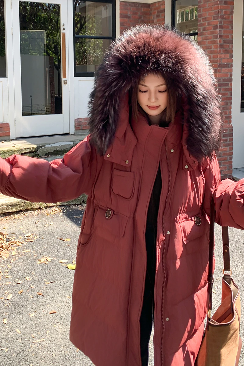 Chaqueta de invierno UMI MAO 2024, Chaqueta larga con capucha, gruesa, cálida, pelo de mapache auténtico, abrigo de plumón de pato blanco 90 para mujer