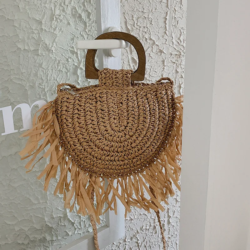 

Casual Tassel Straw Women Handbags Wooden Handle Woven Shoulder Crossbody Bags Handmade Summer Beach Bag Small Tote Bali Purses