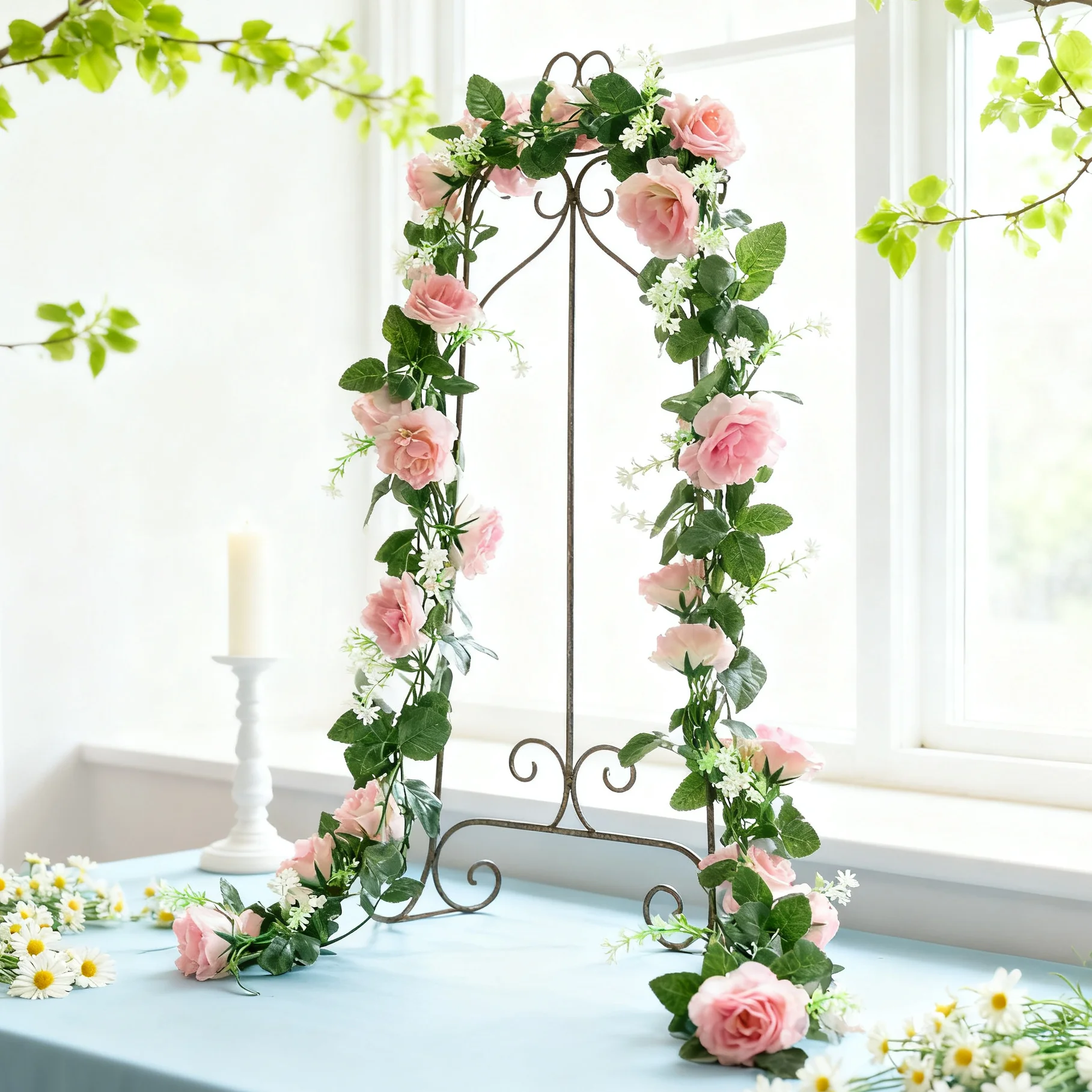 Fleurs artificielles en soie suspendues, roses, pour arche de mariage, plantes en rotin, guirlande extérieure pour jardin, décoration romantique pour la maison, fête des Mères