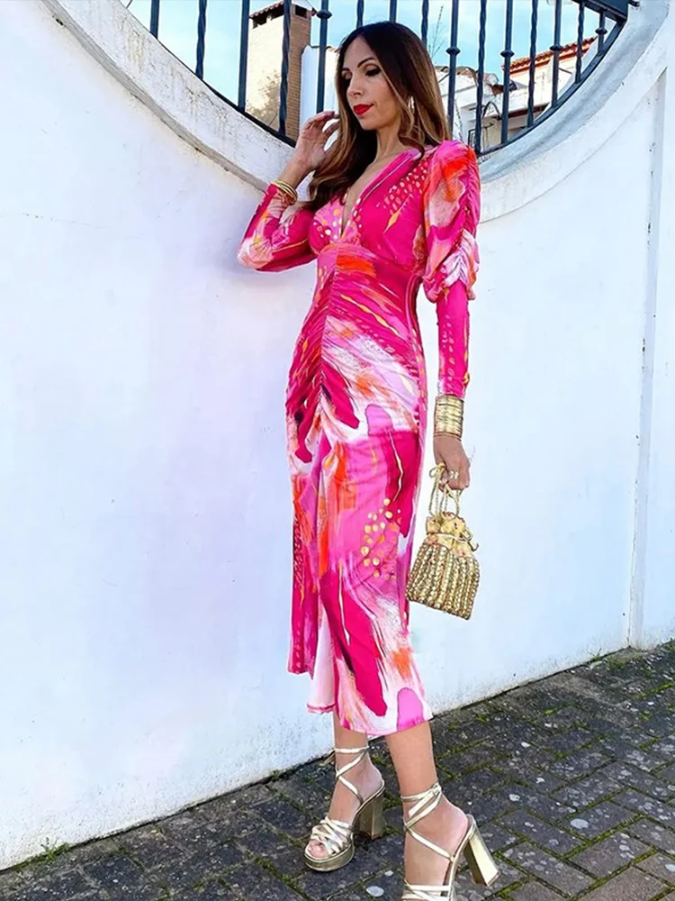 Elegant Printed Women Dress Deep V-neck Long Sleeve High Waist Pleated Female Maxi Dresses 2024 Spring Summer New Chic Lady Robe