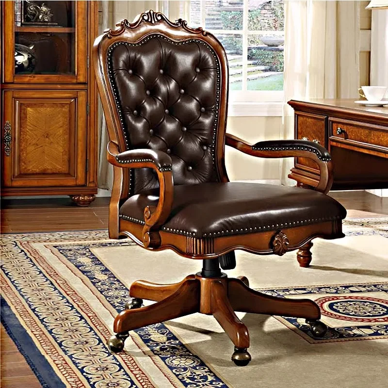 American leather boss chair retro carved solid wood swivel chair European computer chair home office lift chai live streaming