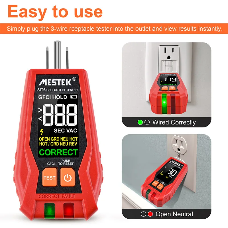 Compact Digital Socket Tester GFCI Test Dual Open Voltage LCD Display Reverse Display Color Screen Auto-hold Function US Plug