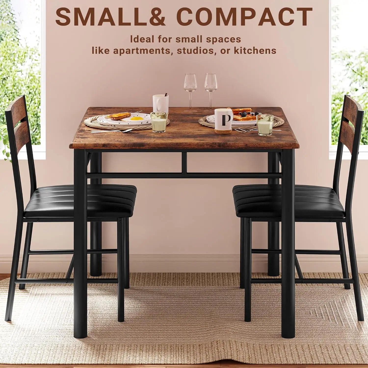 Dining Table Set for 2, Small Kitchen Table with Upholstered Chairs Dinning Table Set for Kitchen & Dining Room, Compact Dining