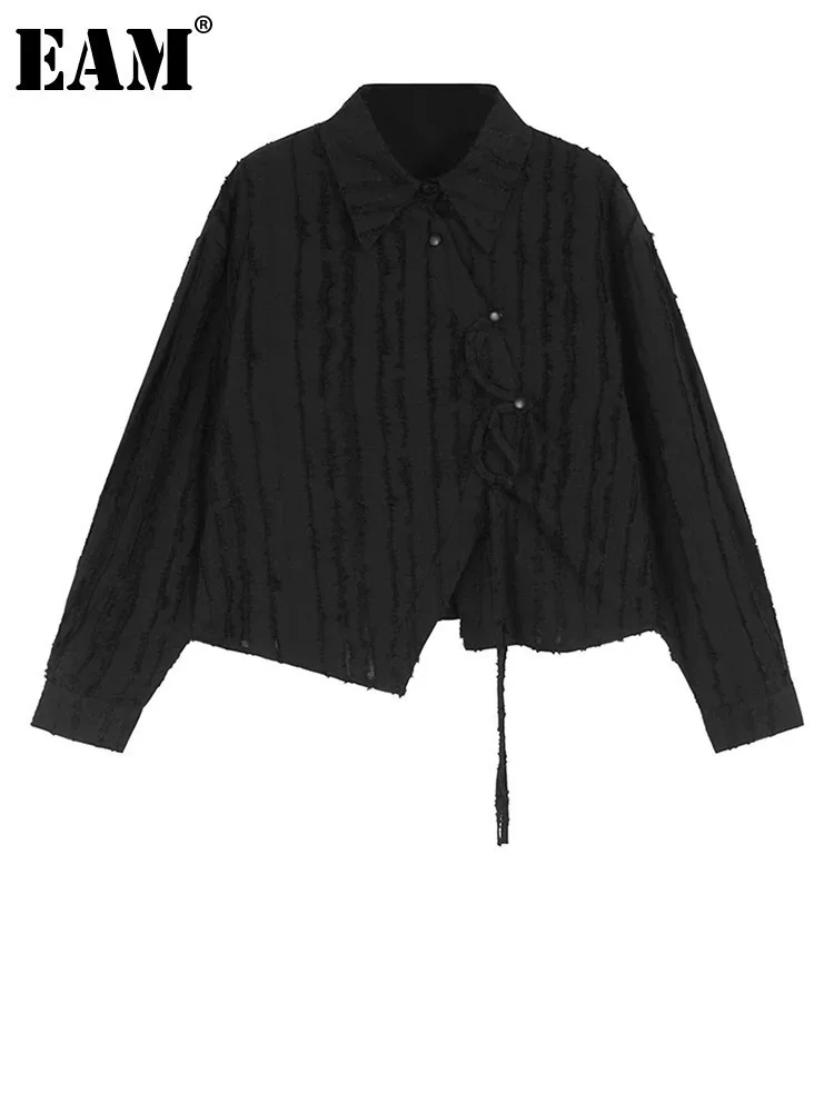 

[EAM] Women Black Irregular Tassels Big Size Vintage Blouse New Lapel Long Sleeve Shirt Fashion Tide Spring Autumn 2024 1DH7095