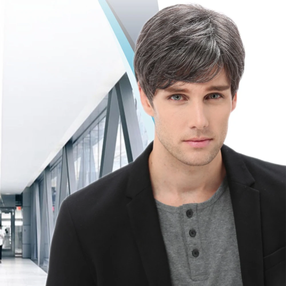 European and American synthetic wig, men's fashionable diagonal bangs fluffy, short hair wig, suitable for men, daily brown, bla