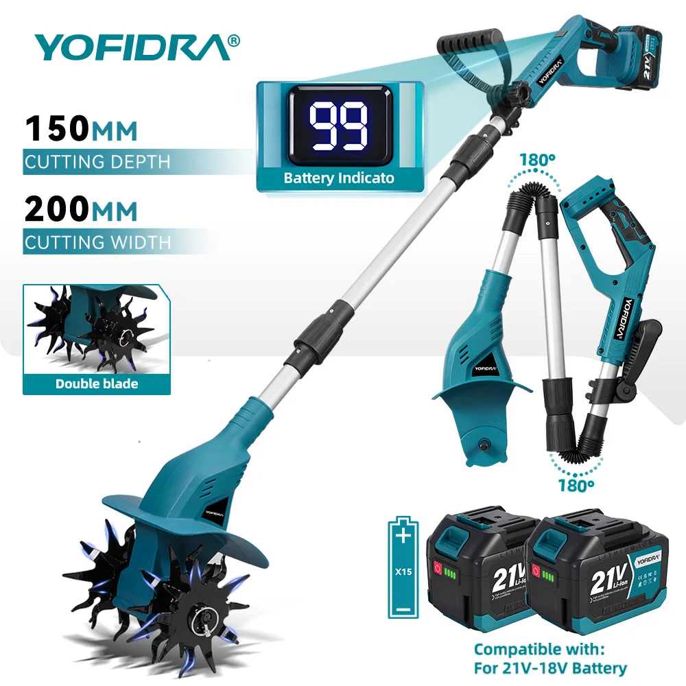 Image of YOFIDRA 200MM Elektrische Gartenfräse Kultivator 180 ° Faltbarer Bodenfräser Rasenmäher für Makita 21V Akku