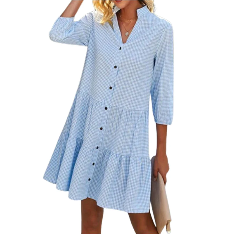 

Elegant Small Plaid Print Single-breasted Cardigan Dresses Women's Half Sleeve Dressy Female Spring Summer Commuter Casual Gown