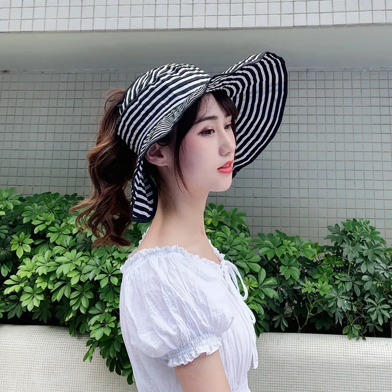 

Summer Outdoor Traveling Foldable Visor Hat Wide Brim Stripe UV Protection Sun Cap For Women Ponytail Caps Beach Fisherman Hats