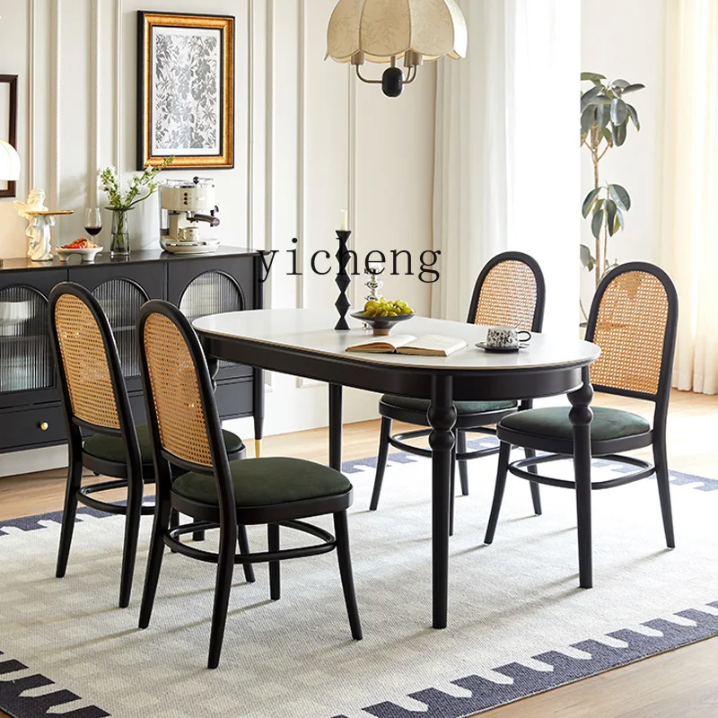 ZC retro black solid wood dining table oval dining table and chairs small apartment rock slab dining table and chairs