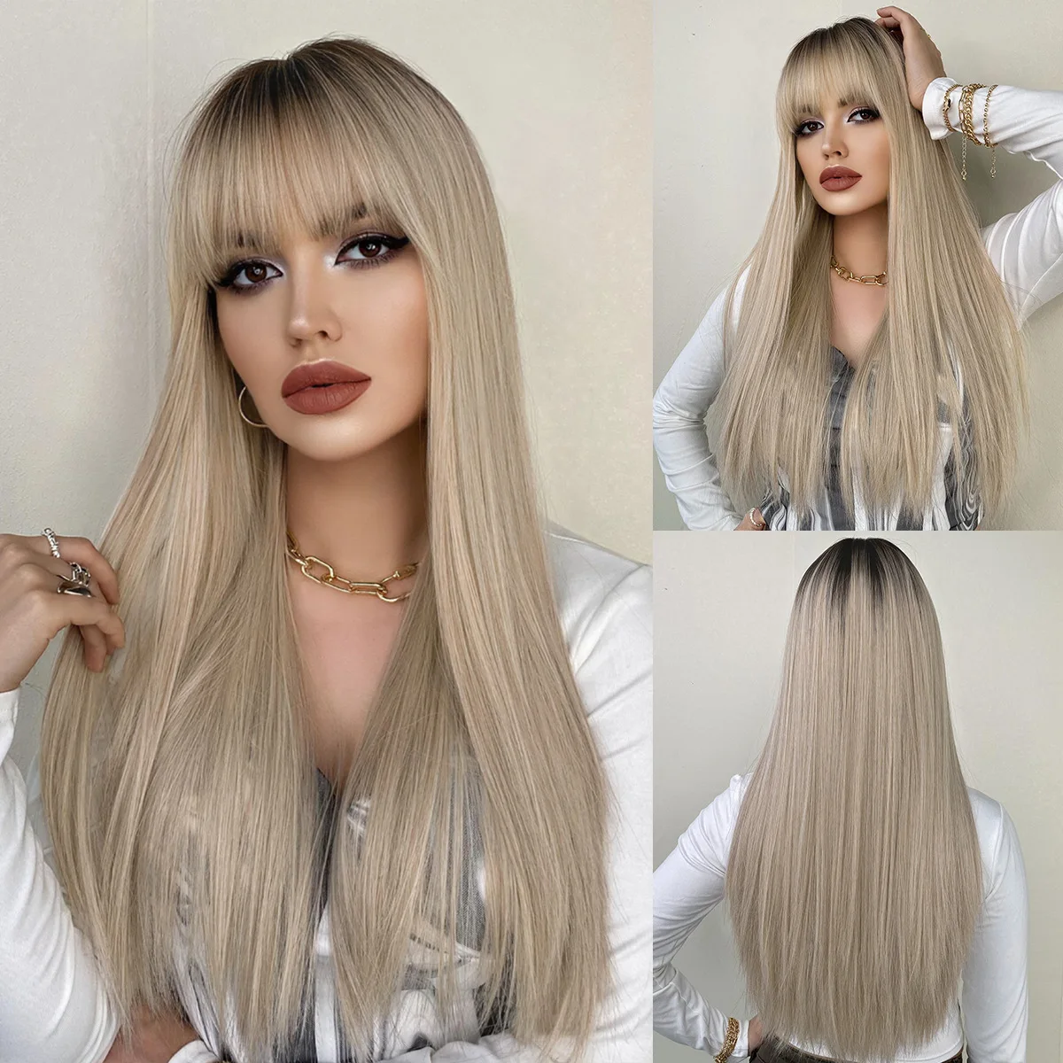 

Qi bangs wig female European and American long straight hair champagne blond wig chemical fiber mechanism headgear rose mesh 25i