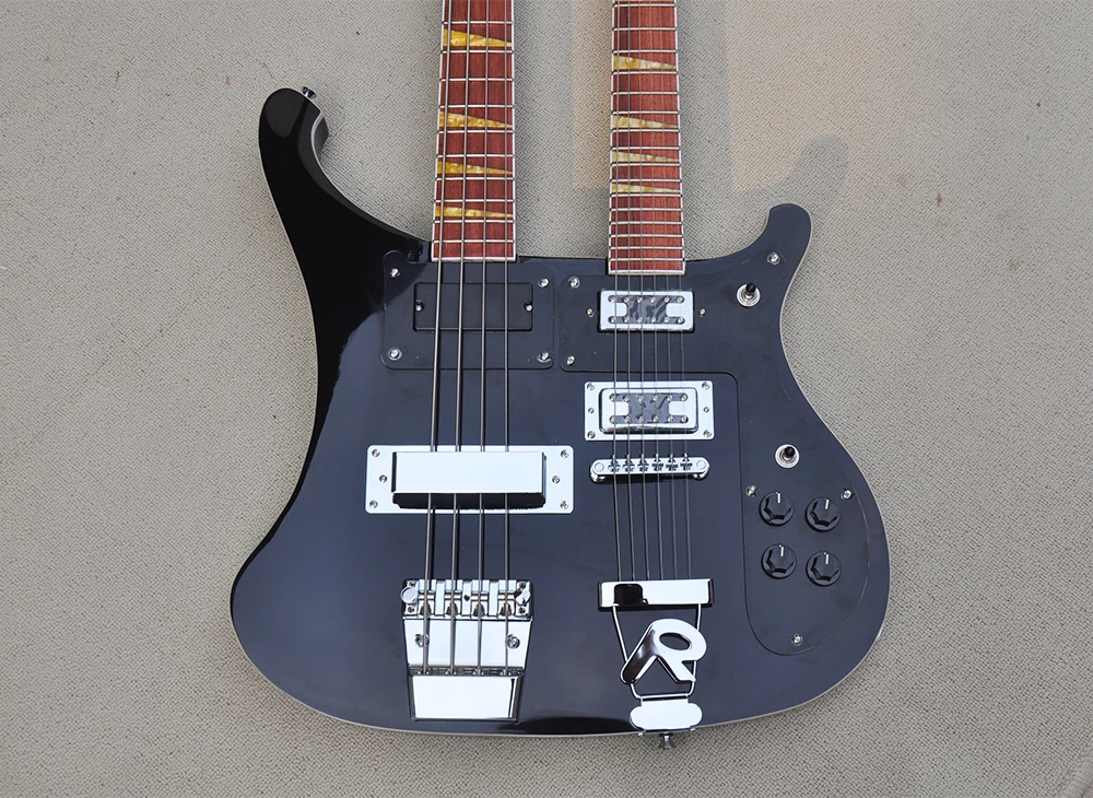 Black 4+6 Strings Double Neck Electric Guitar with Black Pickguard,Rosewood Fretboard,Yellow Pearled Pickguard