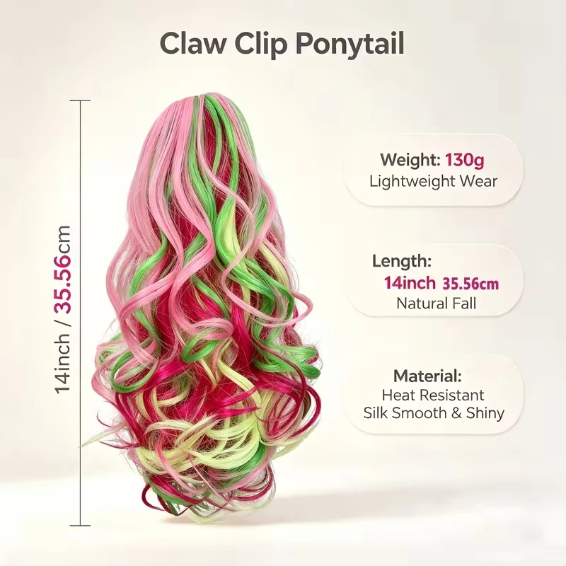 Synthetic 14Inch Gradient Rainbow Short Wavy Curly Claw Clip Ponytail Hair Extension for Women Cosplay Festival Party Accessory
