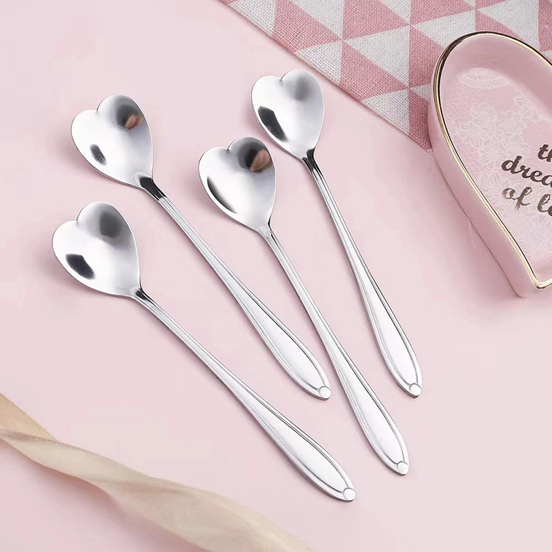 10-Piece Polished Stainless Steel Heart-Shaped Coffee Spoon Set - Durable Stirring Utensils For Home, Kitchen, And Dining Room