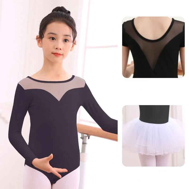 Children Girls Pink Black Ballet Tutu Set Cute Backless Mesh Dancewear Kids Train Gym Bodysuit Performance